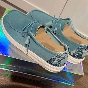 Hey Dude Teal Slip-On Shoes with Patterned Heel